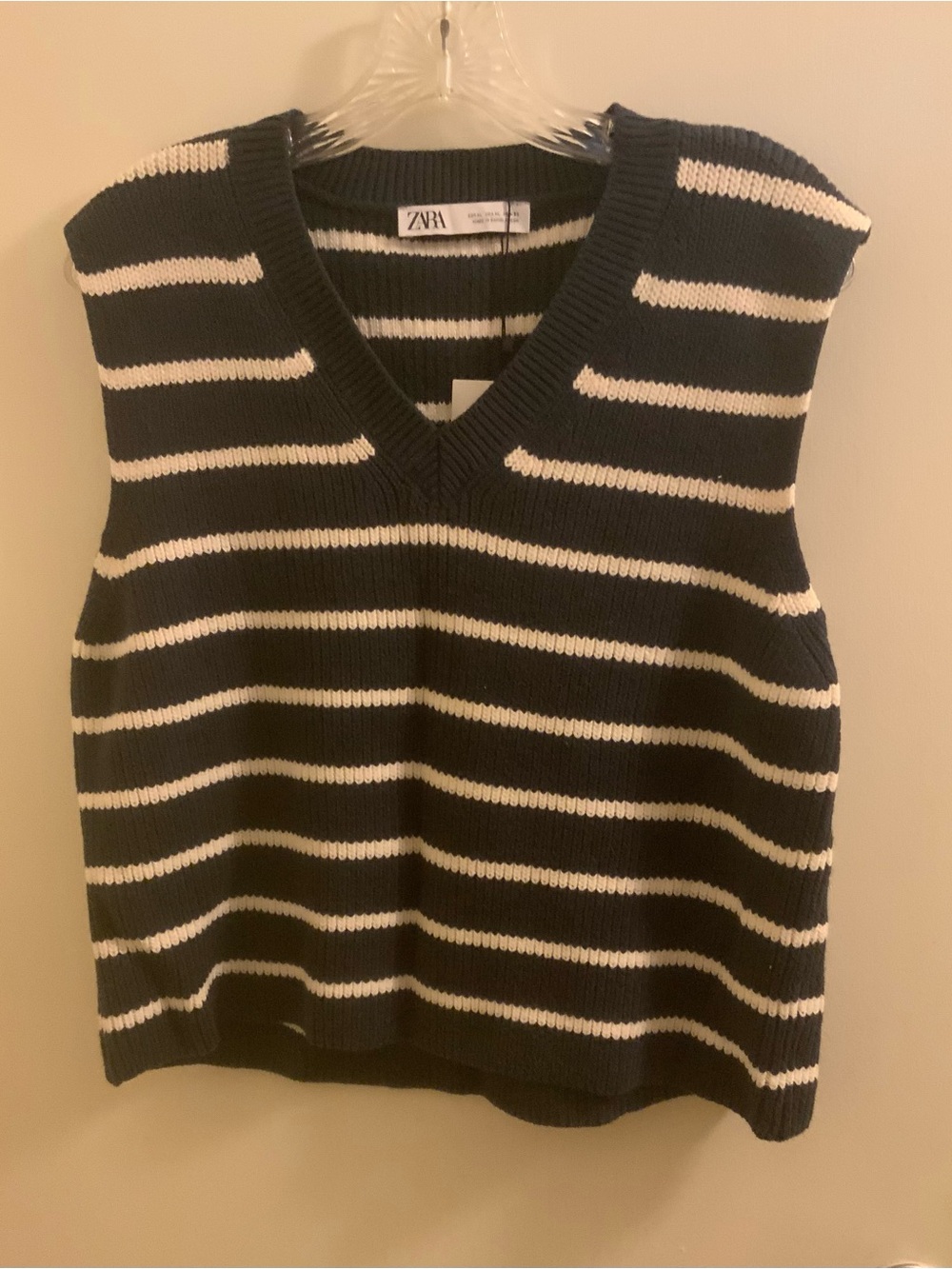 Zara Dark Blue and White Striped V-Neck Sweater Vest